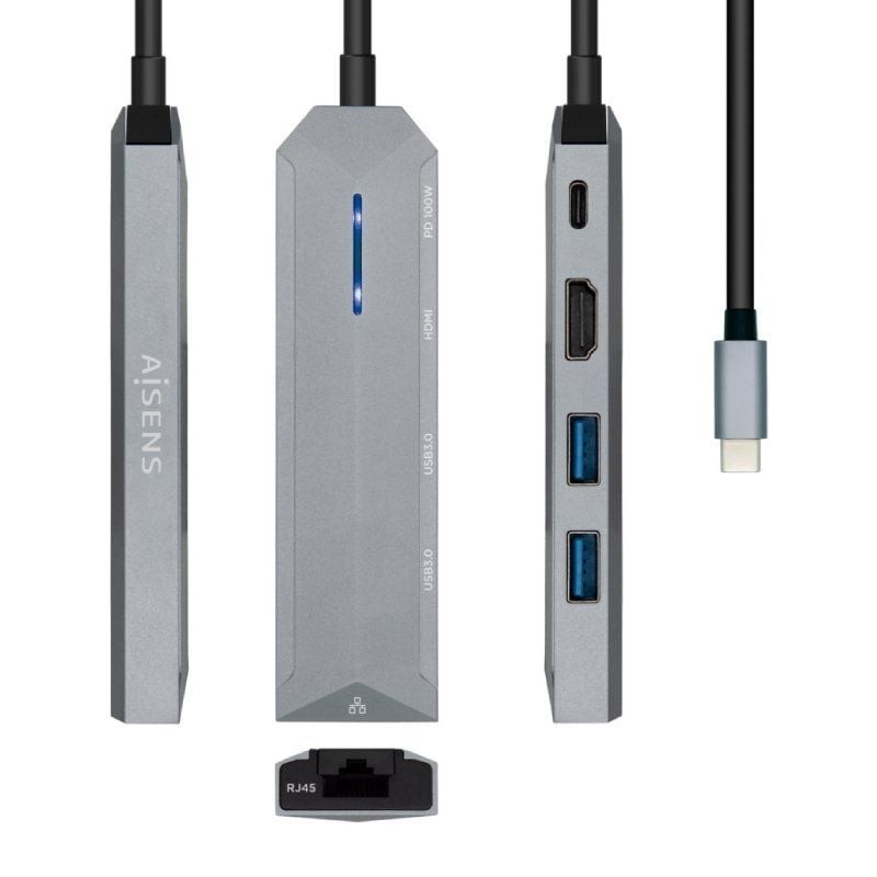 Docking USB Tipo-C Aisens ASUC-5P003-GR/ 1xHDMI 4K/ 2xUSB/ 1xRJ45/ 1xUSB Tipo-C PD/ Gris