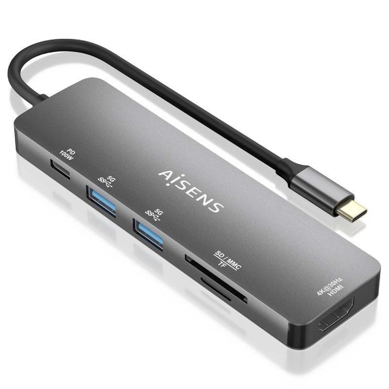 Docking USB Tipo-C Aisens ASUC-6P016-GR/ 1xHDMI 4K/ 2xUSB/ 1xLector Tarjetas/ 1xUSB Tipo-C PD/ Gris