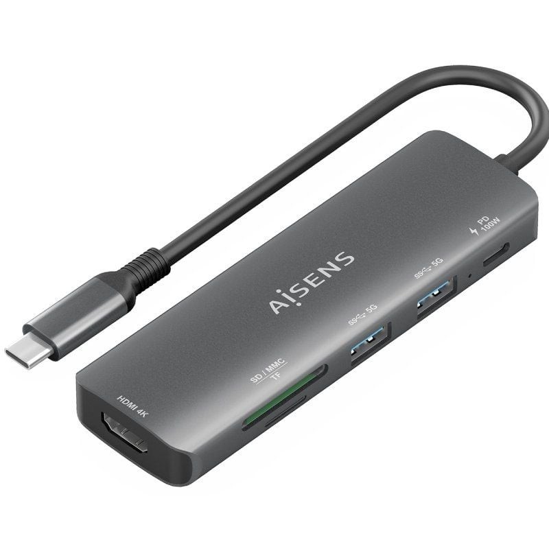Docking USB Tipo-C Aisens ASUC-6P023-GR/ 1xHDMI 4K/ 2xUSB/ 1xUSB Tipo-C PD/ 1xLector Tarjetas/ Gris