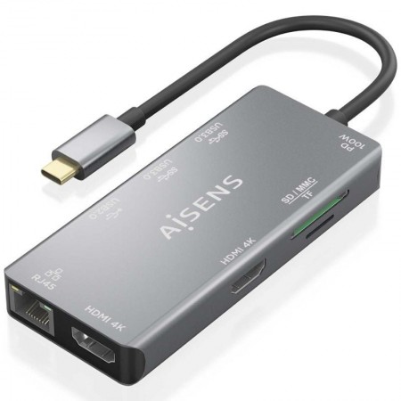 Docking USB Tipo-C Aisens ASUC-9P018-GR/ 2xHDMI 4K/ 3xUSB/ 1xRJ45/ 1xLector Tarjetas/ 1xUSB Tipo-C PD/ Gris