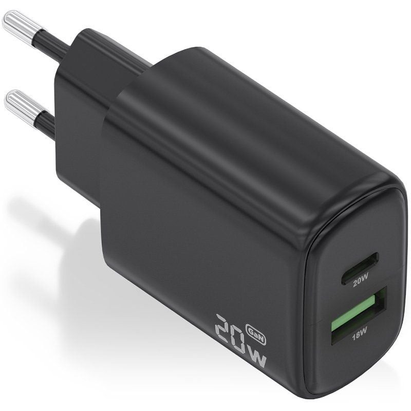 Cargador de Pared GaN Aisens A110-0910/ 1xUSB Tipo-C/ 1xUSB/ 20W/ Negro