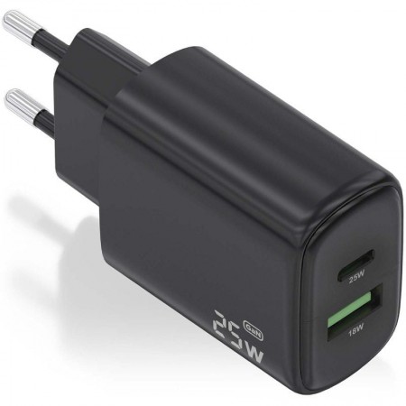Cargador de Pared GaN Aisens A110-0912/ 1xUSB Tipo-C/ 1xUSB/ 25W/ Negro