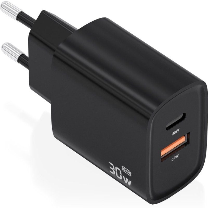 Cargador de Pared GaN Aisens A110-0953/ 1xUSB Tipo-C/ 1xUSB/ 30W/ Negro
