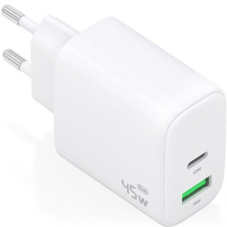Cargador de Pared GaN Aisens A110-0971/ 1xUSB Tipo-C/ 1xUSB/ 45W/ Blanco