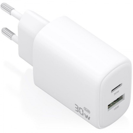 Cargador de Pared GaN Aisens A110-0977/ 1xUSB Tipo-C/ 1xUSB/ 30W/ Blanco