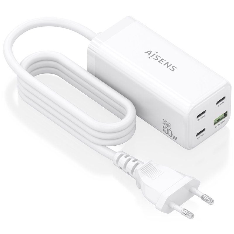 Cargador Sobremesa GaN Aisens ASCH-100W4P053-W/ 3xUSB Tipo-C/ 1xUSB/ 100W