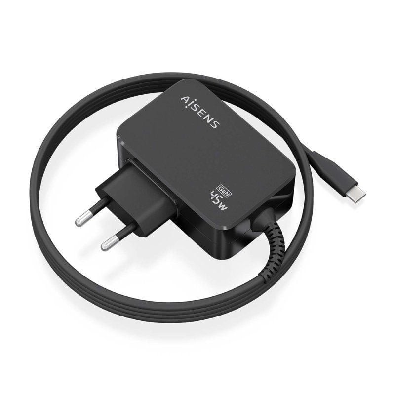 Cargador de Pared GaN Aisens ASCH-1PD45WL032-BK/ 1xUSB Tipo-C + Cable 1.8m/ 45W