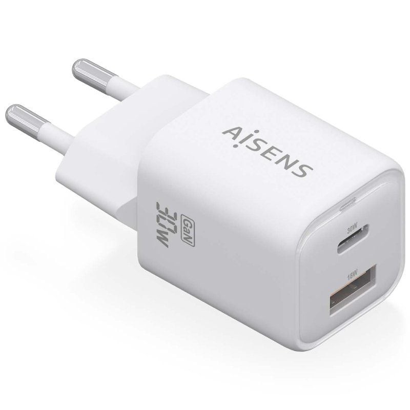Cargador de Pared GaN Aisens ASCH-30W2P020-W/ 1xUSB Tipo-C/ 1xUSB/ 30W