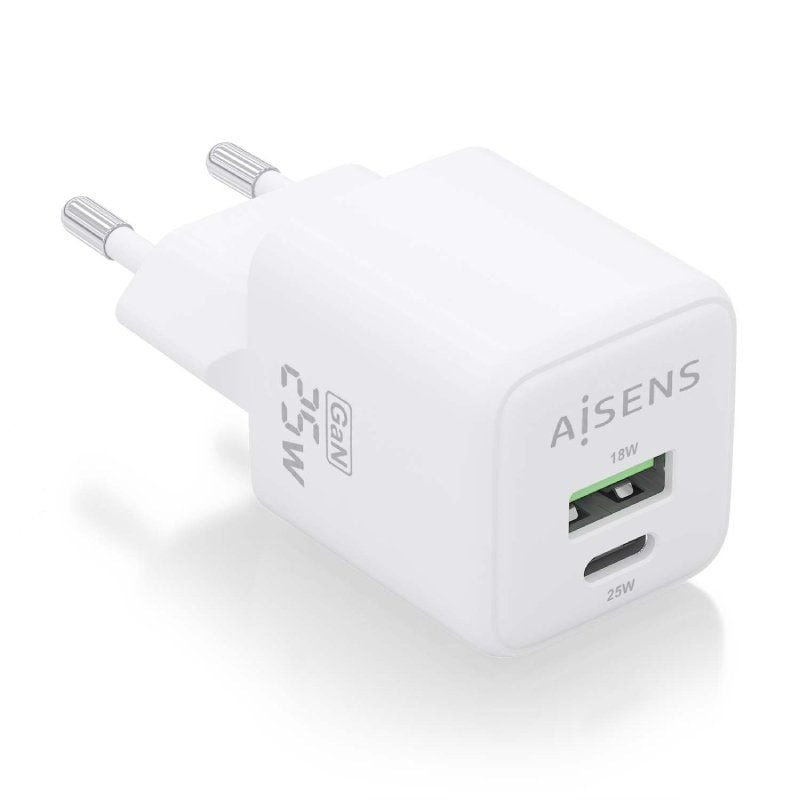 Cargador de Pared GaN Aisens ASCH-25W2P014-W/ 1xUSB Tipo-C/ 1xUSB/ 25W
