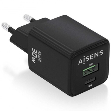 Cargador de Pared GaN Aisens ASCH-30W2P038-BK/ 1xUSB Tipo-C/ 1xUSB/ 30W
