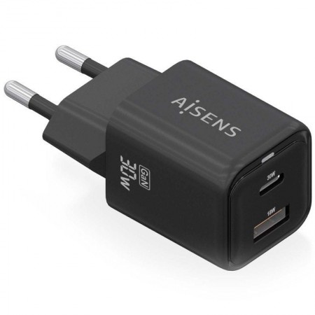 Cargador de Pared GaN Aisens ASCH-30W2P021-BK/ 1xUSB Tipo-C/ 1xUSB/ 30W