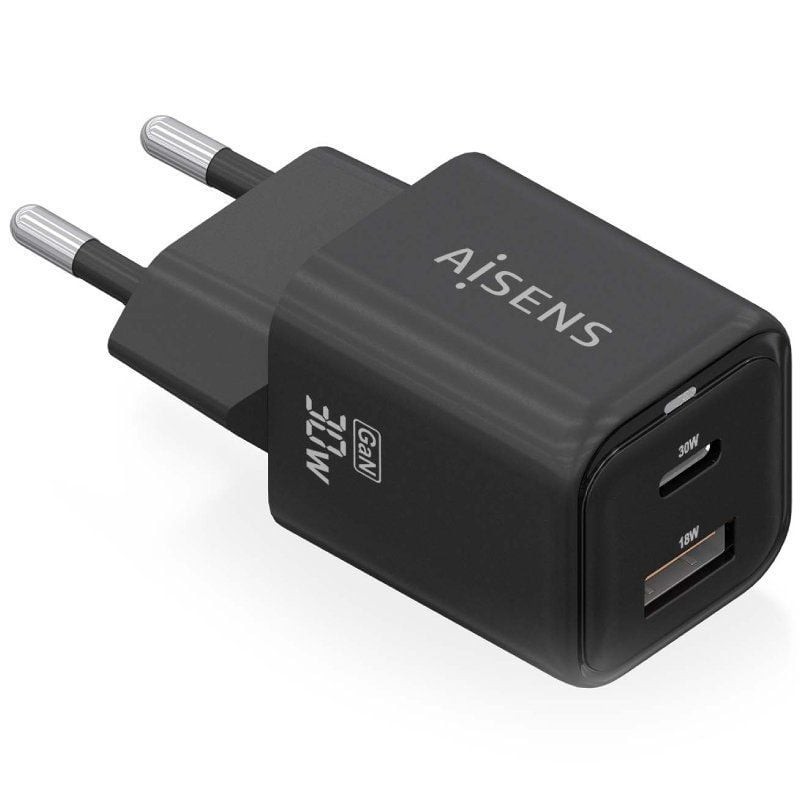 Cargador de Pared GaN Aisens ASCH-30W2P021-BK/ 1xUSB Tipo-C/ 1xUSB/ 30W