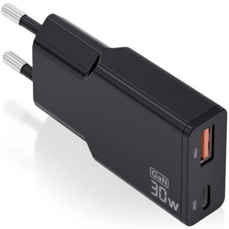 Cargador de Pared GaN Aisens ASCH-30W2P047-BK/ 1xUSB Tipo-C/ 1xUSB/ 30W/ Negro