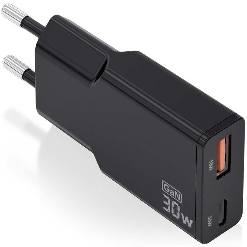 Cargador de Pared GaN Aisens ASCH-30W2P047-BK/ 1xUSB Tipo-C/ 1xUSB/ 30W/ Negro