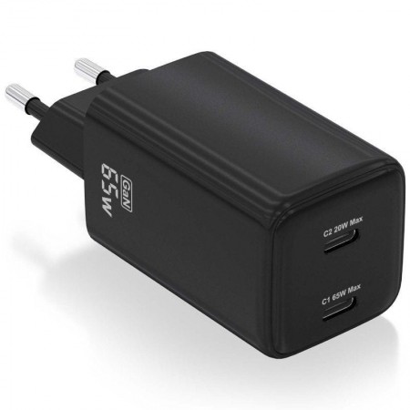 Cargador de Pared GaN Aisens ASCH-65W2P040-BK/ 2xUSB Tipo-C/ 65W