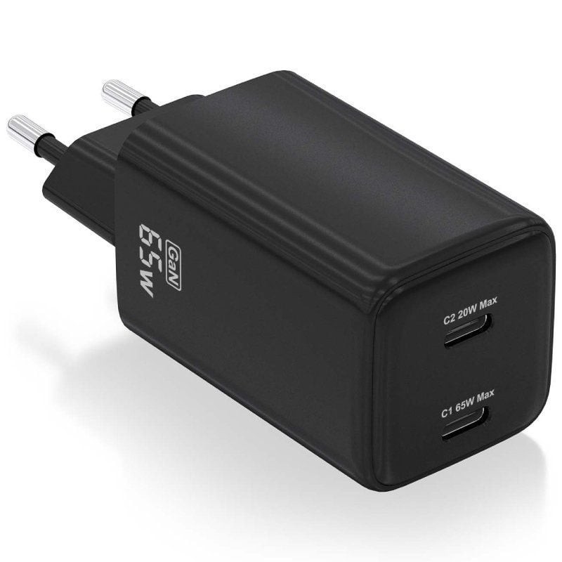 Cargador de Pared GaN Aisens ASCH-65W2P040-BK/ 2xUSB Tipo-C/ 65W