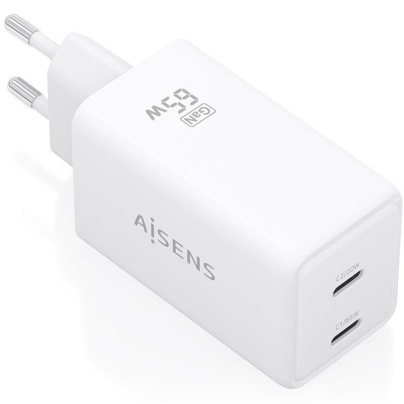 Cargador de Pared GaN Aisens ASCH-65W2P078-W/ 2xUSB Tipo-C/ 65W/ Blanco