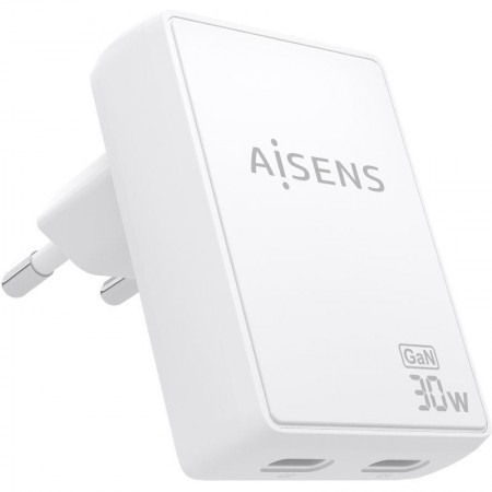 Cargador de Pared GaN Aisens ASCH-30W2P075-W/ 2xUSB Tipo-C/ 30W/ Blanco