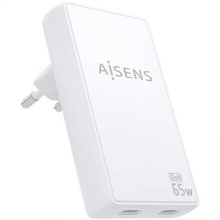 Cargador de Pared GaN Aisens ASCH-65W2P077-W/ 2xUSB Tipo-C/ 65W/ Blanco