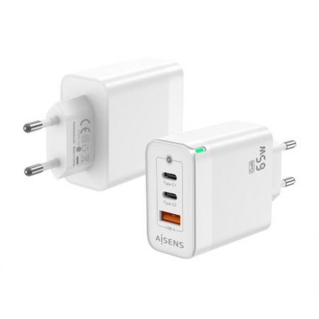 Cargador de Pared GaN Aisens ASCH-65W3P007-W/ 2xUSB Tipo-C/ 1x USB/ 65W