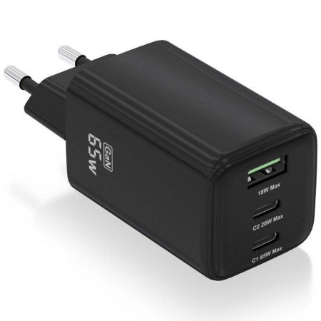 Cargador de Pared GaN Aisens ASCH-65W3P042-BK/ 2xUSB Tipo-C/ 1xUSB/ 65W