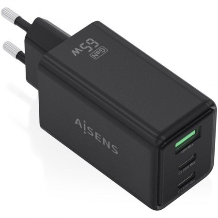 Cargador de Pared GaN Aisens ASCH-65W3P073-BK/ 2xUSB Tipo-C/ 1xUSB/ 65W/ Negro