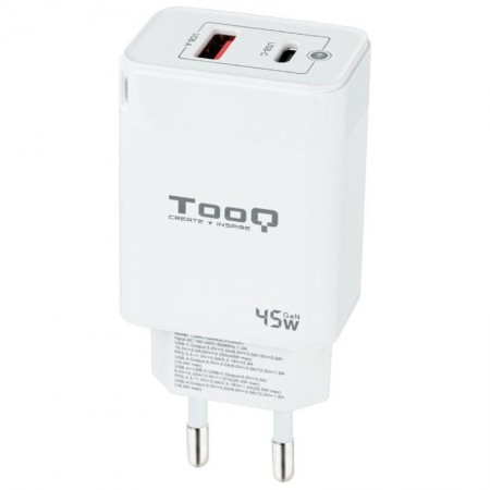 Cargador de Pared GaN TooQ TQWC-GANQCPD45WT/ 1xUSB Tipo-C/ 1xUSB/ 45W
