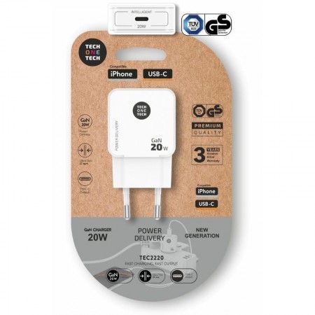 Cargador de Pared GaN Tech One Tech GaN TEC2220/ 1xUSB Tipo-C/ 20W/ Blanco