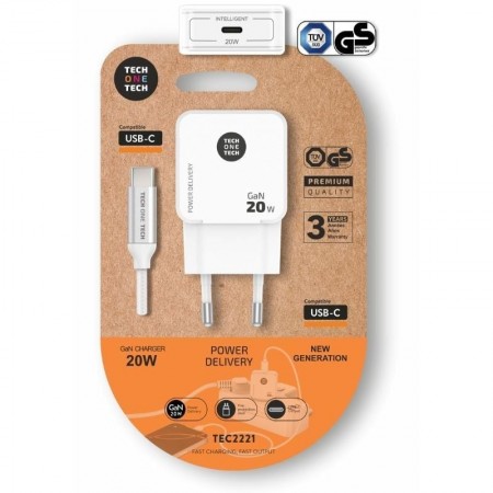 Cargador de Pared Tech One Tech TEC2221/ 1xUSB Tipo-C + Cable USB Tipo-C/ 20W/ Blanco
