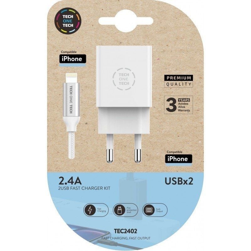 Cargador de Pared Tech One Tech TEC2402/ 2xUSB + Cable Lightning/ 12W/ Blanco