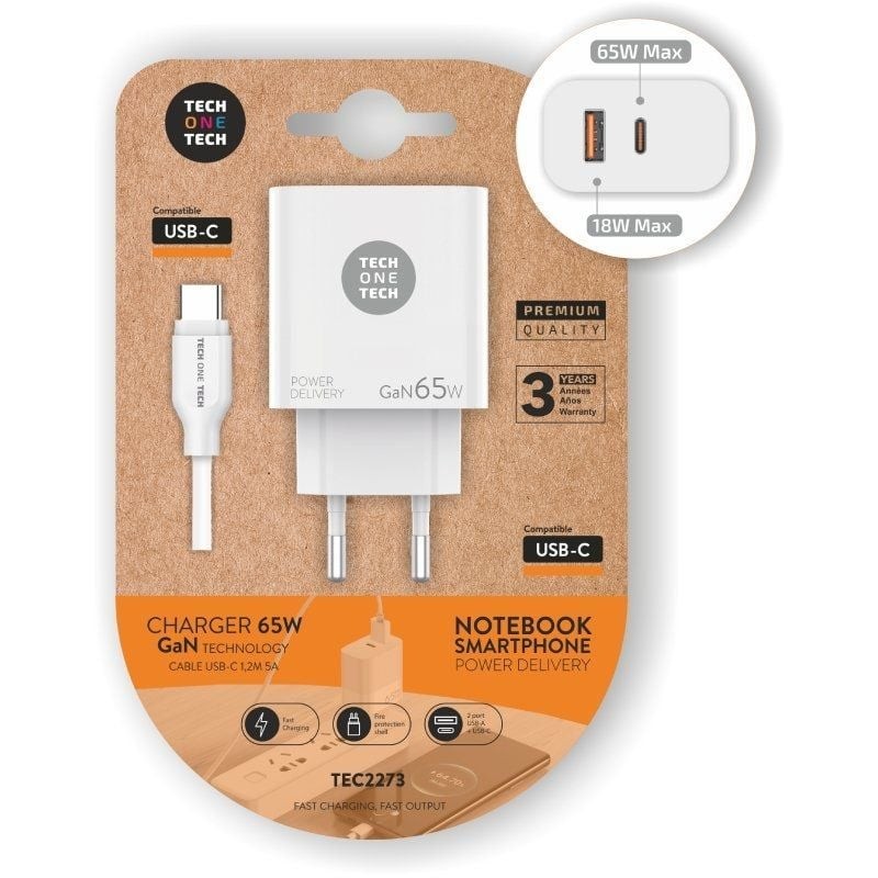 Cargador de Pared GaN Tech One Tech PD TEC2273 / 1xUSB Tipo-C/ 1xUSB/ 65W