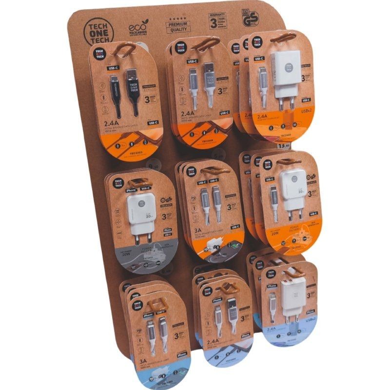 Expositor de Cargadores GaN y Cables Tech One Tech EKO 400903/ 9 ganchos/ Incluye 27 Productos