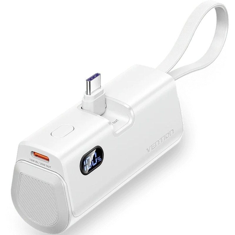 Powerbank 4800mAh Vention FHQW0/ 22.5W/ Blanca/ Incluye Cable USB Tipo-C y Lightning