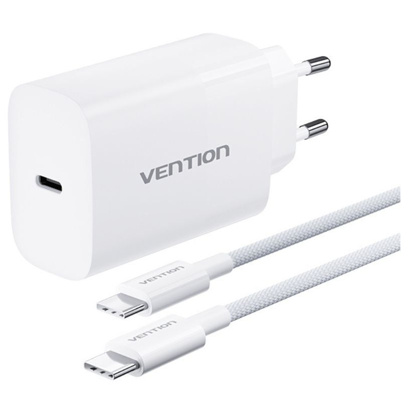 Cargador de Pared GaN Vention G14W0-EU/ 1xUSB Tipo-C + Cable USB Tipo-C/ 1xUSB/ 65W