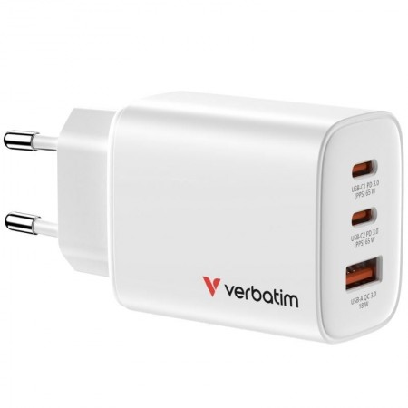 Cargador de Pared GaN Verbatim Essentials/ 2xUSB Tipo-C/ 1xUSB/ 65W