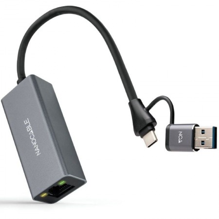 Adaptador USB Macho + USB Tipo-C Macho - RJ45 Nanocable 10.03.0411/ 1000Mbps