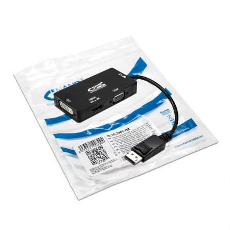 Cable Conversor Nanocable 10.16.3301-BK/ Displayport Macho - VGA Hembra/ DVI Hembra/ HDMI Hembra/ 15cm/ Negro
