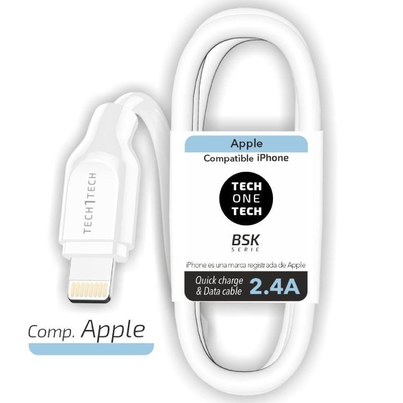 Cable USB 2.0 Lightning Tech One Tech TEC2902/ Lightning Macho - USB Macho/ 1m/ Blanco