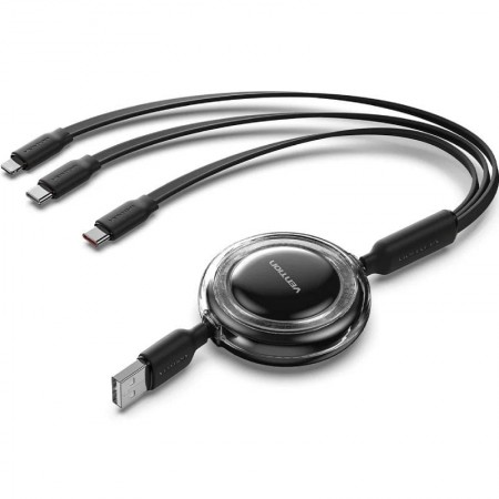 Cable USB Retráctil Vention TRJBBE/ USB Macho - Lightning/ 2xUSB Tipo-C/ Hasta 17.5W/ 10Gbps/ 1.1m/ Negro