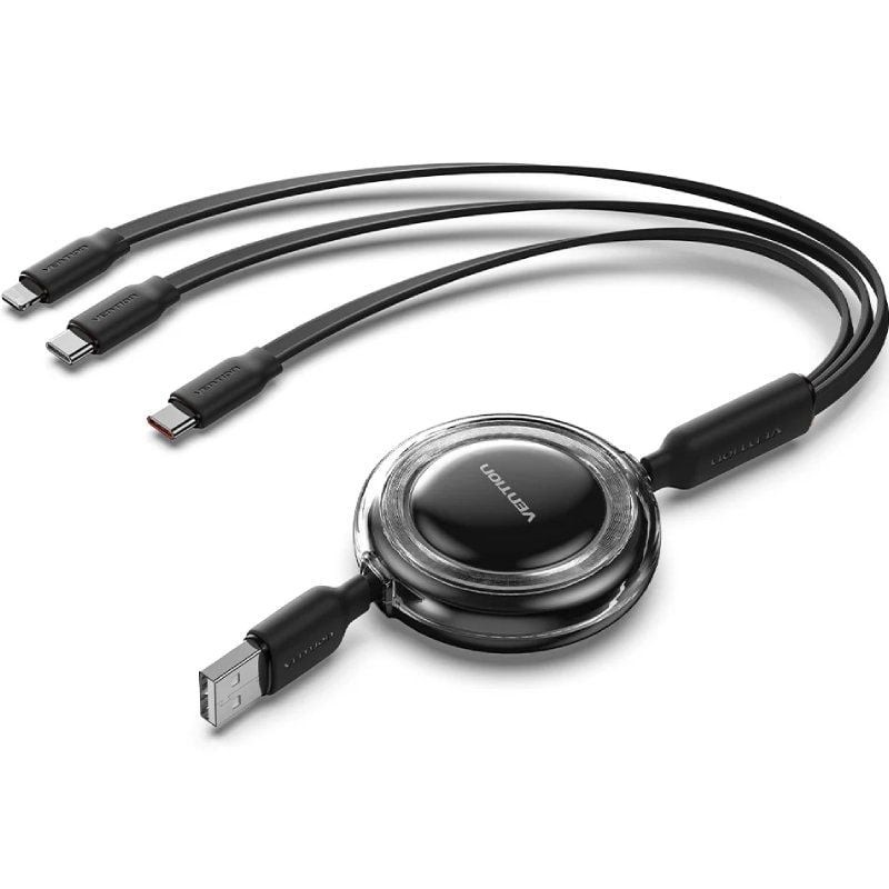 Cable USB Retráctil Vention TRJBBE/ USB Macho - Lightning/ 2xUSB Tipo-C/ Hasta 17.5W/ 10Gbps/ 1.1m/ Negro