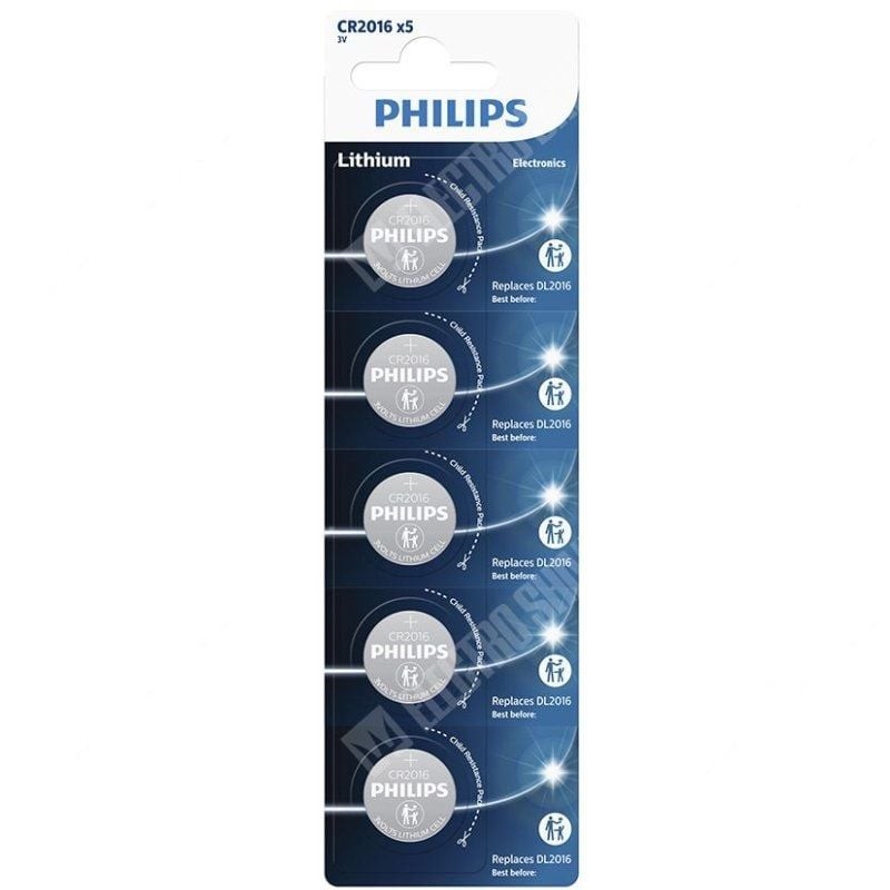 Pack de 5 Pilas de Botón Philips CR2016P5/01B Lithium/ 3V