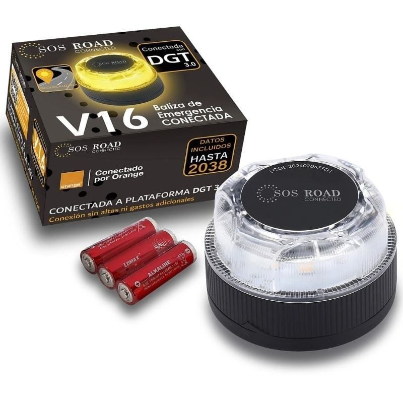 Luz baliza de emergencia para coche SOS Road Connected EL2024 V16/ Homologada/ Base Imantada/ Geolocalizable/ Funciona a Pilas