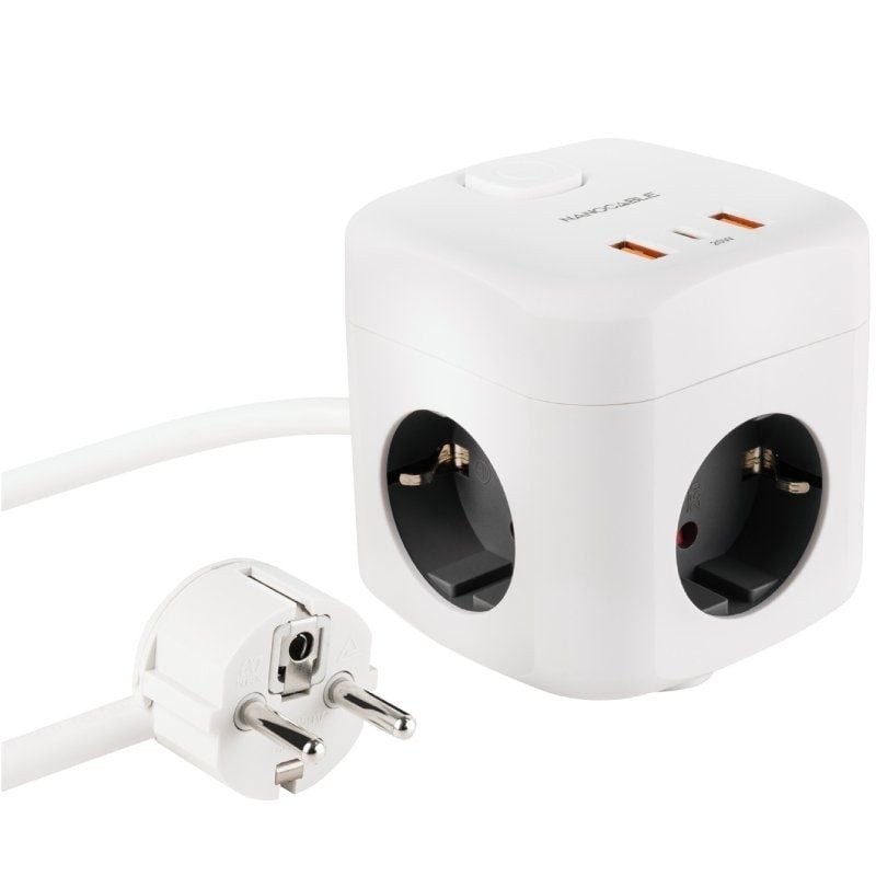 Regleta Nanocable 10.37.0011/ 3 Tomas de corriente/ 2 USB - 1 USB Tipo-C/ Cable 1.4m/ Blanca