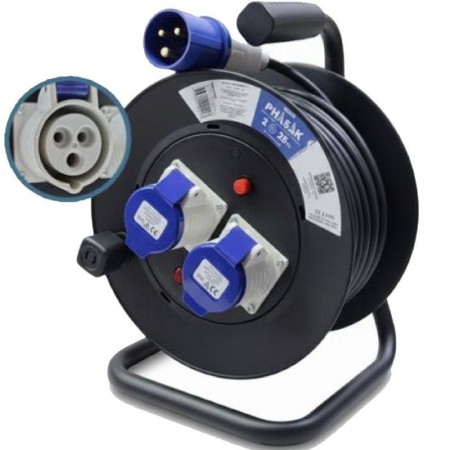 Regleta enrollable Phasak BN 3475/ 2 Enchufe industrial 2P+TT/ Cable 25m/ Negro y Azul