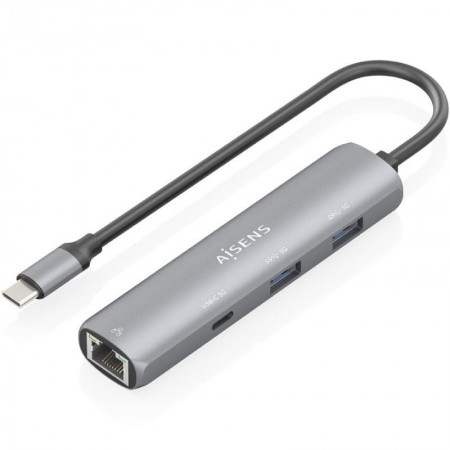 Hub USB Tipo-C Aisens ASUC-4P039-GR/ 1xUSB Tipo-C/ 2xUSB/ 1xRJ45/ Gris