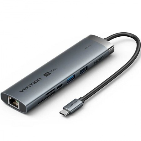 Hub USB Tipo-C 3.2 Vention TGVHB/ 2xUSB/ 1xUSB Tipo-C PD/ 1xUSB Tipo-C/ 1xRJ45/ 1xLector de Tarjetas/ 1xJack 3.5mm/ 1xHDMI/ Gris