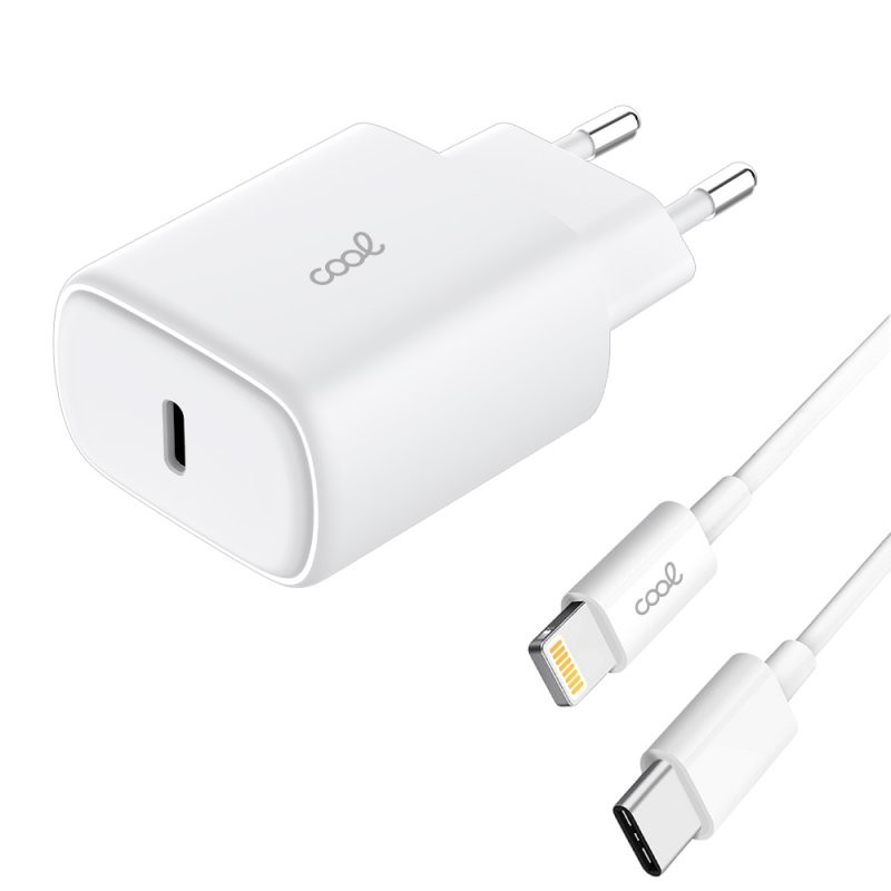 Cargador Red Universal Fast Adapt. (PD) Tipo-C COOL (25W) Blanco + Cable Tipo-C a Lightning