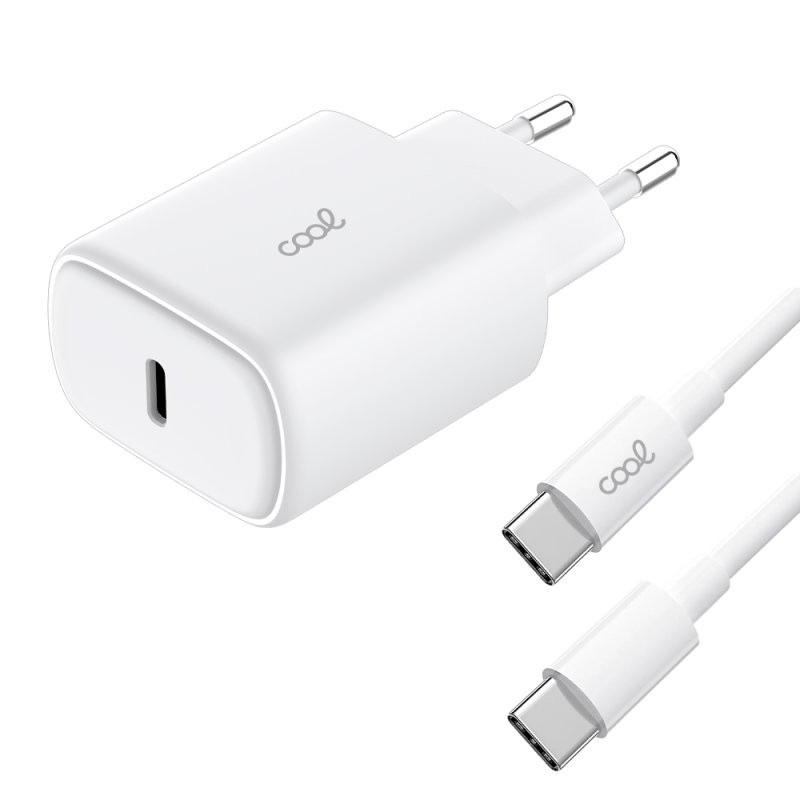 Cargador Red Universal Fast Adapt. (PD) Tipo-C COOL (25W) Blanco + Cable Tipo-C a Tipo-C