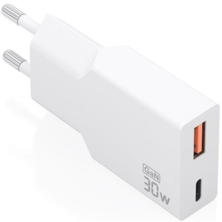 Cargador de Pared GaN Aisens A110-1002/ 1xUSB Tipo-C/ 1xUSB/ 30W/ Blanco
