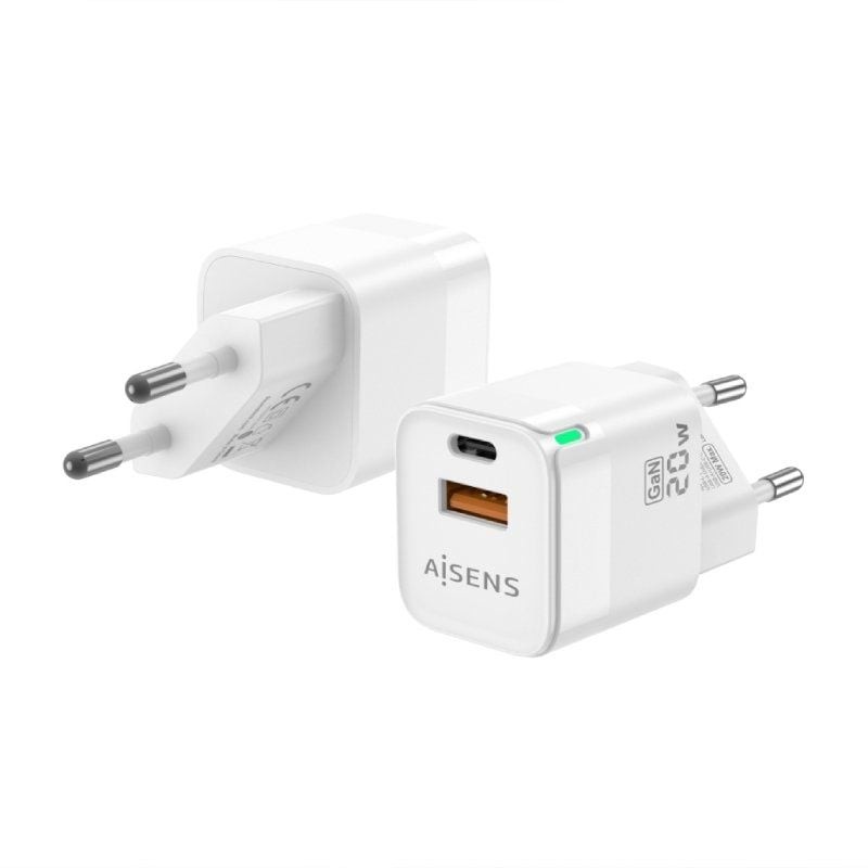 Cargador de Pared GaN Aisens ASCH-20W2P002-W/ 1xUSB Tipo-C/ 1xUSB/ 20W